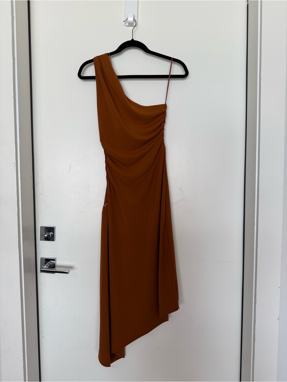 Zara Asymmetrical Brown One Shoulder Midi Dress with Zippers - Picture 7 of 8